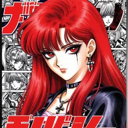 highly detailed professional portrait of 9 0 s seinen manga art of badass goth woman with red hair, black makeup, and red eyes. chunibyo. manga cover promotional art. detailed and intricate environment. drawn by