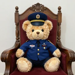 A plush teddy bear in a pilot uniform sits on a throne