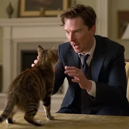 realistic film still of benedict cumberbatch fighting a cat