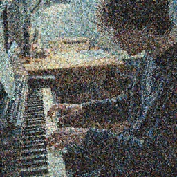 icy poet playing an early piano with a sweltering desk in the background