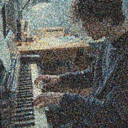 icy poet playing an early piano with a sweltering desk in the background