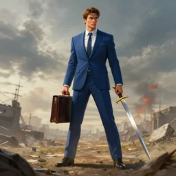 cinematic full body artwork of a man in his twenties with brown hair wearing a blue business suit and holding a briefcase in one hand and a golden hilted sword in the other hand, standing defiantly on a battlefield by Greg Rutkowski, 4k, masterpiece