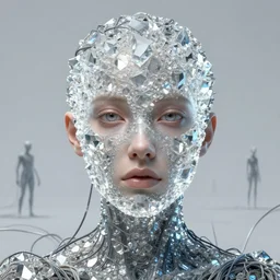 Woman's portrait, crystals, Crystal face, shiny, flat background, glowing, wires everywhere, by Edgar Maxence and Ross Tran, Zdzisław Beksiński, and Michael Whelan, distant, gustav dore, H.R. Giger, 8k, octane render