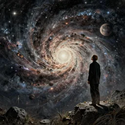 visions of a mathematician who transcends matter and observes how reality is created from certain chaotic patterns in nature, cosmic conceptual surreal magical realism