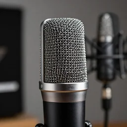 close up microphone photograph, studio in the background