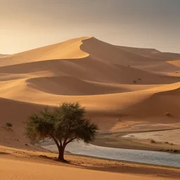 landscape photography, marc adamus, sahara desert, huge dunes, a river, dramatic lighting, sunrise, tree in the foreground