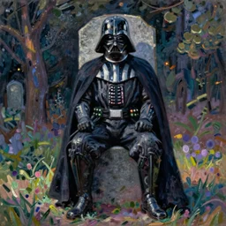 darth vader sitting on a tombstone in the style of monet