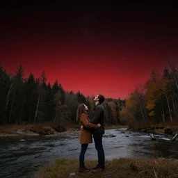 psycho time, black and red sky, fall stars, man and woman there, forest location, river, good feeling, real magic, high hope