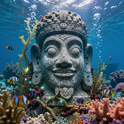 a stunning ultra detailed underwater fantasy closeup photo of a te fiti head granite statue, surrounded by bioluminescent sea plant vines, colorful corals and angelfish, crepuscular rays, by tomasz alen kopera and tom bagshaw, water bubbles, very detailed, deep depth of field, 8 5 mm lens, soft lighting, artstation, highly coherent, 8