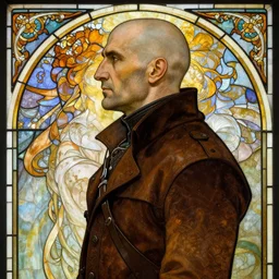 beautiful and detailed portrait of gaunter o'dimm from the witcher 3, profile view, side view, arab man, 5 0 years old, brown coat, bald, shaven, stained glass art, by alphone mucha, very masterful
