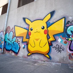 graffiti pikachu on the wall, wide angle lens