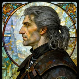 detailed side - view portrait of vesemir, a very old witcher, dark grey hair, half ponytail, clean shaven, stained glass art, by alphonse mucha, masterful