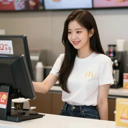 nayeon smiling and standing behind the counter at mcdonald's ready to take your order, high quality by artgerm