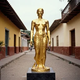 vintage color photo of a liquid gold sculpture in a south american alley, image by werner herzog