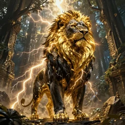 black lion's god with fur made from gold lightnings surrounded by epic ancient huge forest and mountains, colossal scale, cinematic shot, hyperdetails, dramatic lighting, by Evgeniy Antonenkov and James Jean