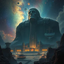 an digital painting of the sumerian city surrounded by nebula wall, collosal sculpture of faceless god in the middle, lovecraft style, intricate details, detailed sky, starry night, artstation, epic scenery, colourful sky, cinematic, by marco bucci and marc simonetti