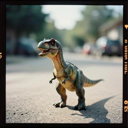 kodak portra 4 0 0, wetplate, 5 0 mm leica summicron f 1. 2, award - winning colour portrait by britt marling : sunlit view of a tiny dinosaur standing in the street