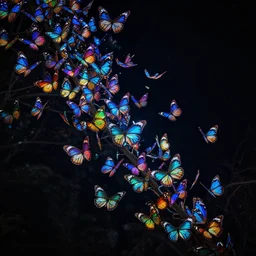 highly detailed photo of multi colorful glowing small too many butterfly flying in dark night, hyper realistic, art by greg rutsowski, concept art, 8 k detail post - processing