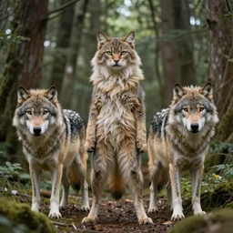 furry cat woman in a forest 8 b 4! with real wolves
