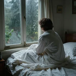 on a rainy day, someone in home sits in bed, curled up under the covers, watching the rain outside the window, cinematic, artstation, extremely detailed, intricate, cinematic lighting, art by pierre - auguste renoir, arie johannes lamme, greg rutkowski