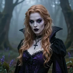 american mcgee's vampire goth cyborg alice in lavender madness land sharp focus hyperrealistic cinematic forest of fog sharp portrait