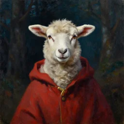 portrait of a lamb wearing cult robes, oil painting on canvas, deep colors and dark shadows, night forest background, ambient glow
