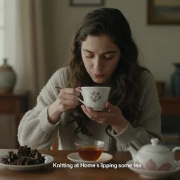 A frame from the film 'Knitting at Home sipping some tea'  directed by Salvador Dali,  70mm, forest, black and white, grainy film photography, chiaroscuro, highly detailed, masterpiece