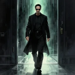 a man walking into the matrix, concept art, illustration, highly detailed, artwork, cinematic, hyper realistic