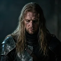 portrait of a very sad knight with long hairs in alan lee style , cinematic lighting