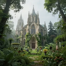 a gothic byzantine cathedral in a lush dense verdant garden by jacek yerka and paul lehr and tim doyle and victo ngai and dan mumford, mist, hyperrealism, volumetric lighting, god rays, highly detailed, sfumato, overgrown