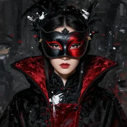 detailed female portrait of a lady empress all dressed in black, beautiful face and eyes, black and red mask on her face, black and red velvet fabric, highly detailed, white accents, cel shaded, cinematic shot, trending on artstation, high quality, detailed and chaotic background, brush strokes all over, by tom bagshaw and jama jurabaev