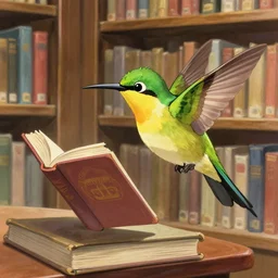 a hummingflamebird reading a book in a library perfect artwork trending on pixiv fanbox, painted by greg rutkowski makoto shinkai takashi takeuchi studio ghibli