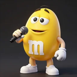 yellow mnm candy mascot dressed as rapper eminem holding microphone, digital art, hd