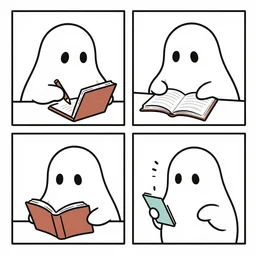 cartoon illustration of a ghost writing a book, one panel comic, by Jim Davis