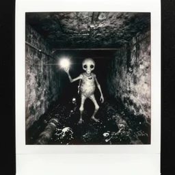 an unknown strange 2 - legged anamorphic entity on an underground long sewer with toxic waste all around and black water, blair witch, black and white 1 9 5 0 polaroid photography with flash light, grainy film, flash light,