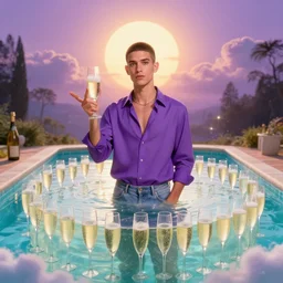 portrait of a ( ( ( a giant pool made of glass filled with champagne ) ) ), ( ( bellaco guapo joven cubano pelo buzzed camisa morada ) ), nubes y magia, el sol, concept character, by greg rutowski and mucha and bierstadt and remington, trending on artstation