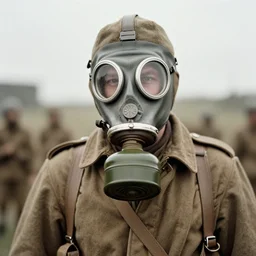 man in a anti-radiation suit and gasmask, ww1 film photo, grainy, high detail, high resolution