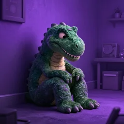 barney the dinosaur in a dim purple lit room, melancholy, trending on artstation