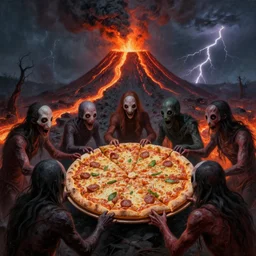 masked horrific creatures grabbing for a large pizza. in the background is a volcano spewing lava and black smoke, streams of glowing hot lava, flashes of lightning in the distance. wide shot, long shot, an ultrafine detailed painting by joe fenton, deviantart, pop surrealism, nightmare