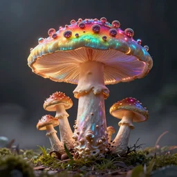 recursive mushroom, rainbow intricate luminescent fractal mushroom, mushrooms growing on a mushroom, fine mist in the background, mushroom made of fractals, HD digital render