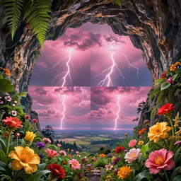 inside of a massive cave with a hyper - realistic bright coloured natural flowers and ferns : 4, overlooking a endless plain with pink lightning clouds : 4, highly symmetrical, balanced, octane render, in the style of sahm : 3 hd, 4 k, ultra - realistic, in unreal engine