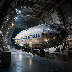 spaceship cargo bay, moody lighting. by ilm and zaha hadid and airbus, architectural photography, 8 k, realistic lighting, reflections, bloom, hyperdetailed environment, pbr materials.