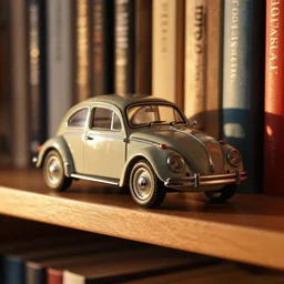 a macro photo of a miniature of a VW Beetle on a bookshelf at sunset, high detail, high contrast, high quality, 8k hdr