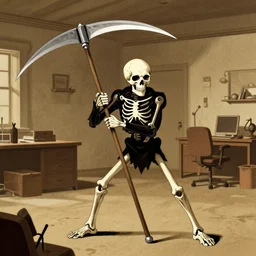 an illustration of the death character with his scythe, working hard, in a open-space working space, 1970.