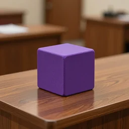 a purple cube sitting on a courtroom table