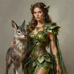 a woman druid wearing leaf and vine themed clothing, fully clothed, pet animal, D&D, fantasy, intricate, cinematic lighting, highly detailed, digital painting, artstation, concept art, smooth, sharp focus, illustration, art by Artgerm and Greg Rutkowski and Alphonse Mucha