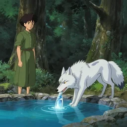 a spirit wolf forest drinking water from an illuminated pool, hayao miyazaki, masashi ando, nizou yamamoto, kazuo oga, joe hisaishi, yoji takeshige, naoya tanaka