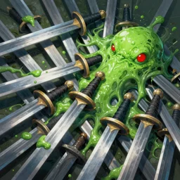close - up digital illustration of a wall made of interlocking sword blades, a green oozing monster with red eyes filling the spaces and spilling between the sword blades, perspective illustration, trending on artstation, digital art ( by joseph meehan ) ( by victor adame ) ( by anna steinbauer )