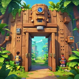 open door wood wall fortress airship greeble block amazon jungle on portal unknow world ambiant fornite colorful that looks like it is from borderlands and by feng zhu and loish and laurie greasley, victo ngai, andreas rocha, john harris