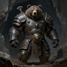 badass solitary armored bear warrior outside a cave, fierce, giant, high fantasy, chiaroscuro, highly detailed, sharp focus, smooth, oil matte painting, vaporwave, concept art